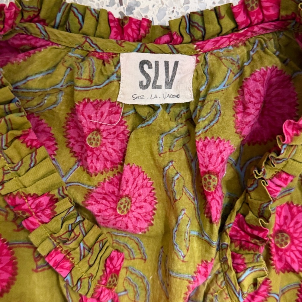 SLV 100% cotton India mini dress tuckernuck Anthropologie medium m green pink - Picture 3 of 6